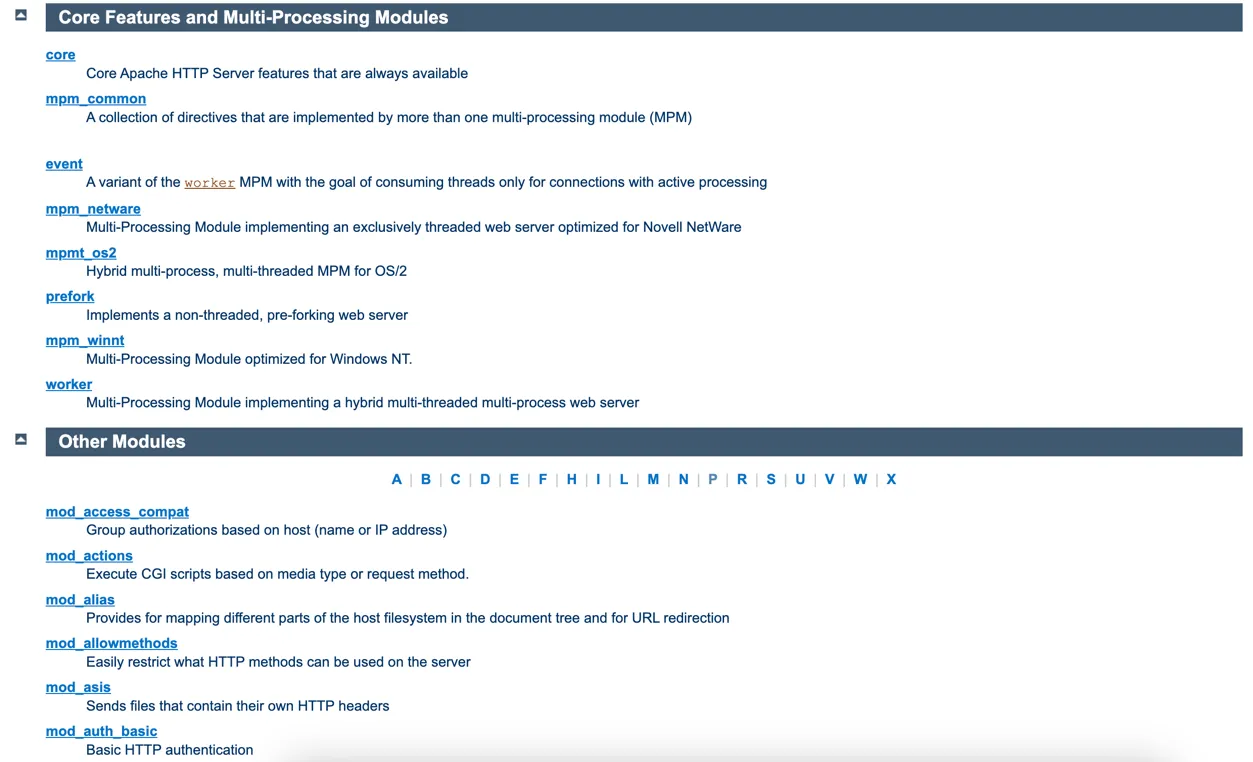 Страница со всеми модулями, которые входят в дистрибутив Apache HTTP Server. Для удобства все отсортировано в алфавитном порядке