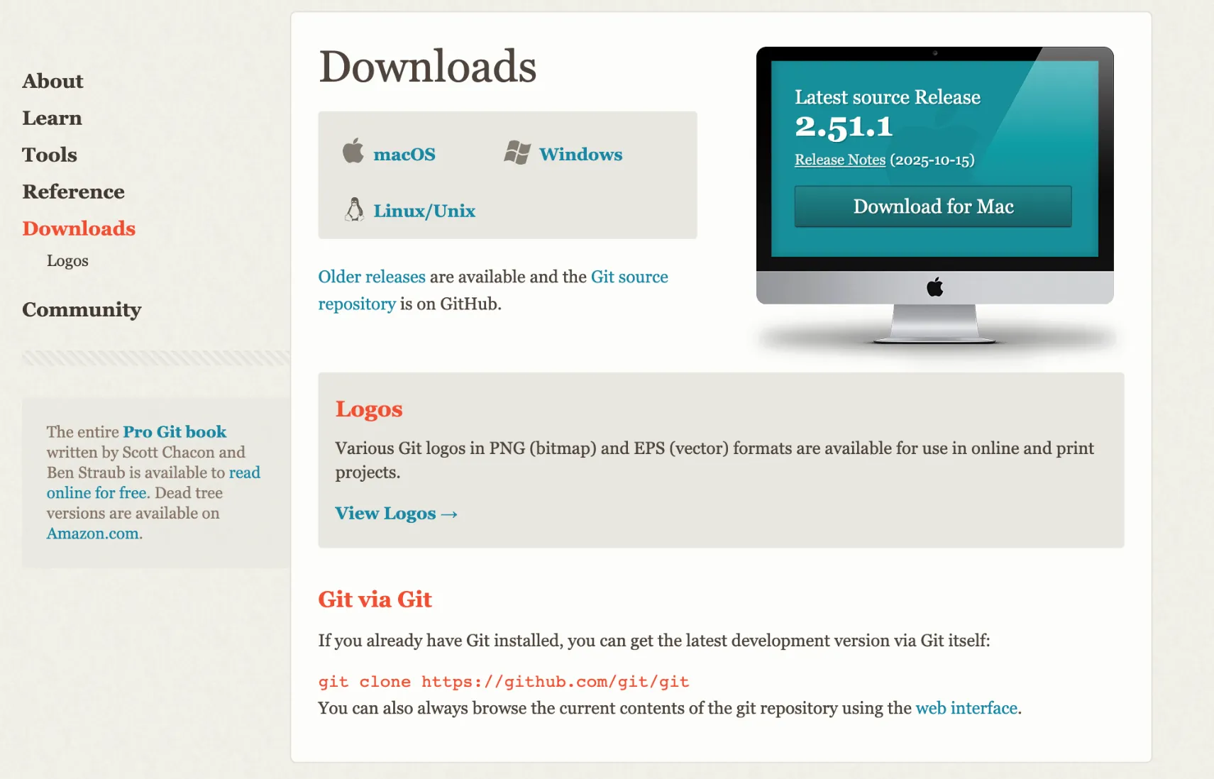 На портале Git вы можете выбрать, для какой ОС скачать установщик, загрузить более старые версии и узнать, какая версия последняя на данных момент