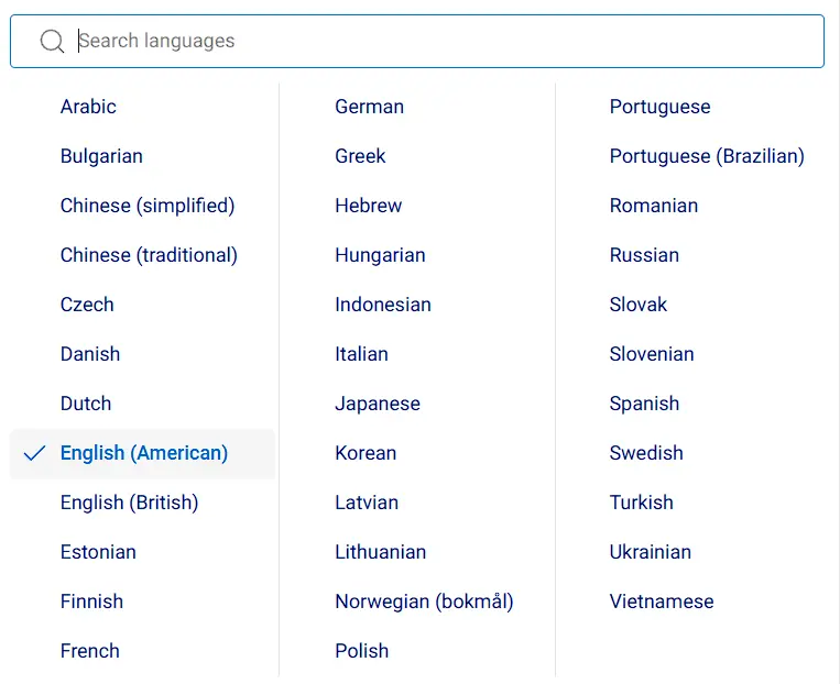 Список доступных языков в DeepL Translator